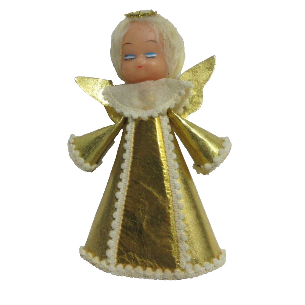 VTG Paper Cone Angel Christmas Tree Topper Decor 7" Gold & White Trim Dress